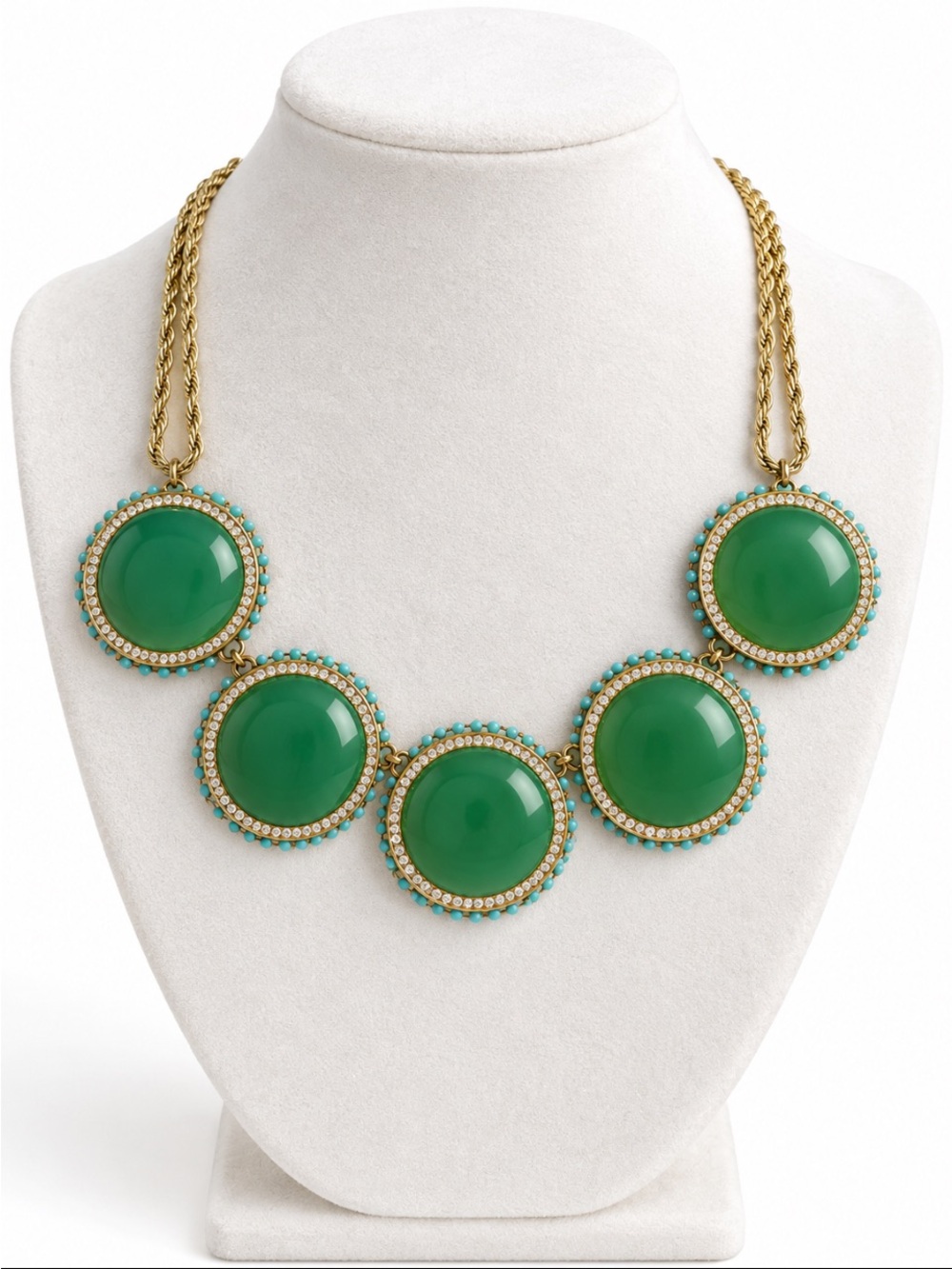 Banana Republic Statement Necklace - 5 Green Circles w/Rhinestones & Beads